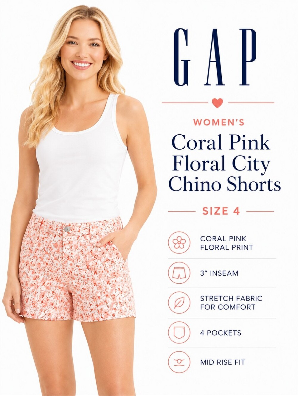 GAP Coral Pink Floral City Chino Shorts | Size 4 | NWT - Picture 2 of 16